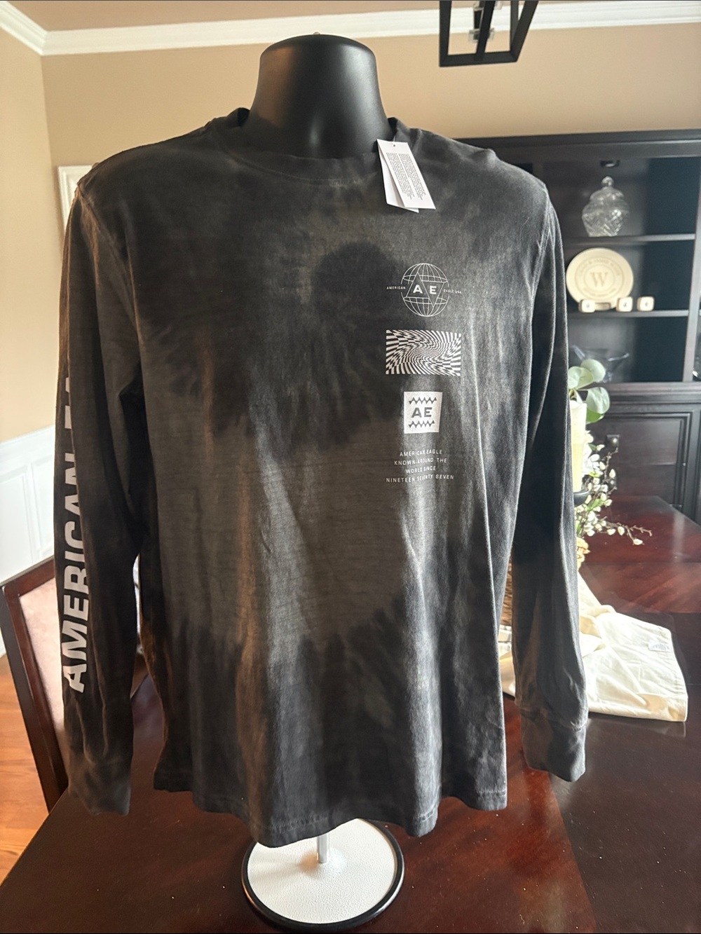 American Eagle Outfitters Black Long-Sleeve Graphic Tee with Sleeve Logo